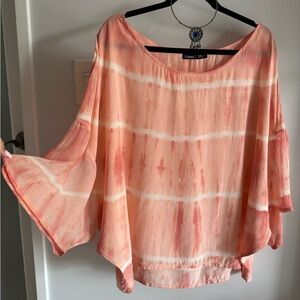 Gypsy 05 Peach & Cream Tie Dye Boho Silk Crepe Flowy Festival Tunic Blouse SM